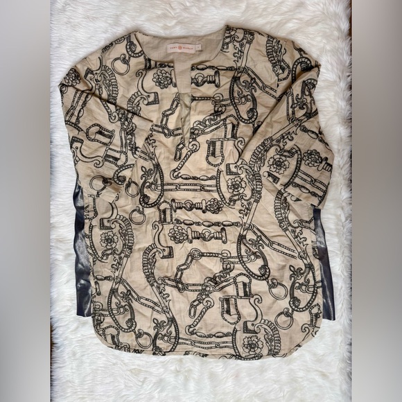 Tory Burch Cream and Black Chain Print Cotton and Linen Blouse Top Size 2 - Picture 2 of 10